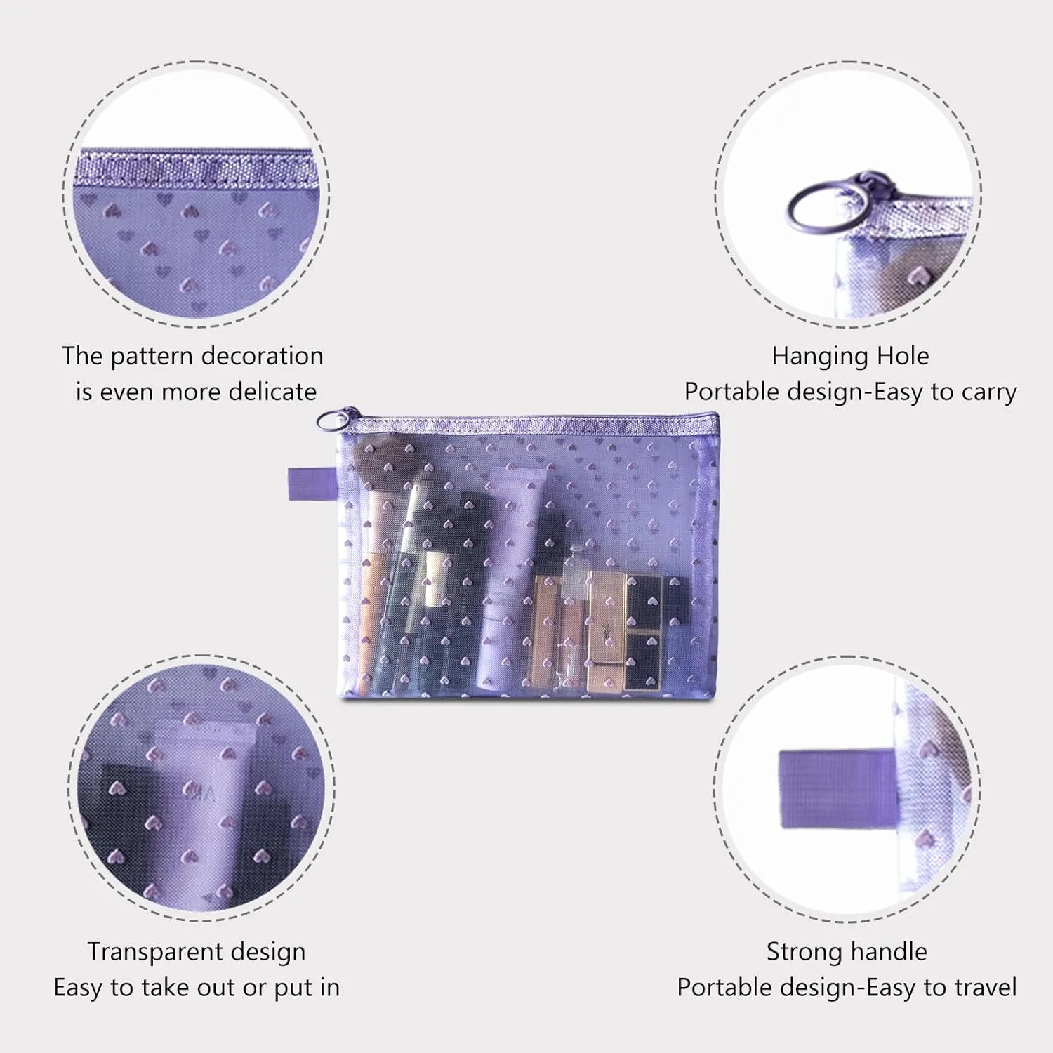 4-Piece Heart Printed Mesh Makeup Bag Set, Portable Travel Mesh Cosmetic Bags Toiletry Bags Makeup Purse Bags Mesh Zipper Storage Pouches for Home Offices Travel Accessories (Light Purple)