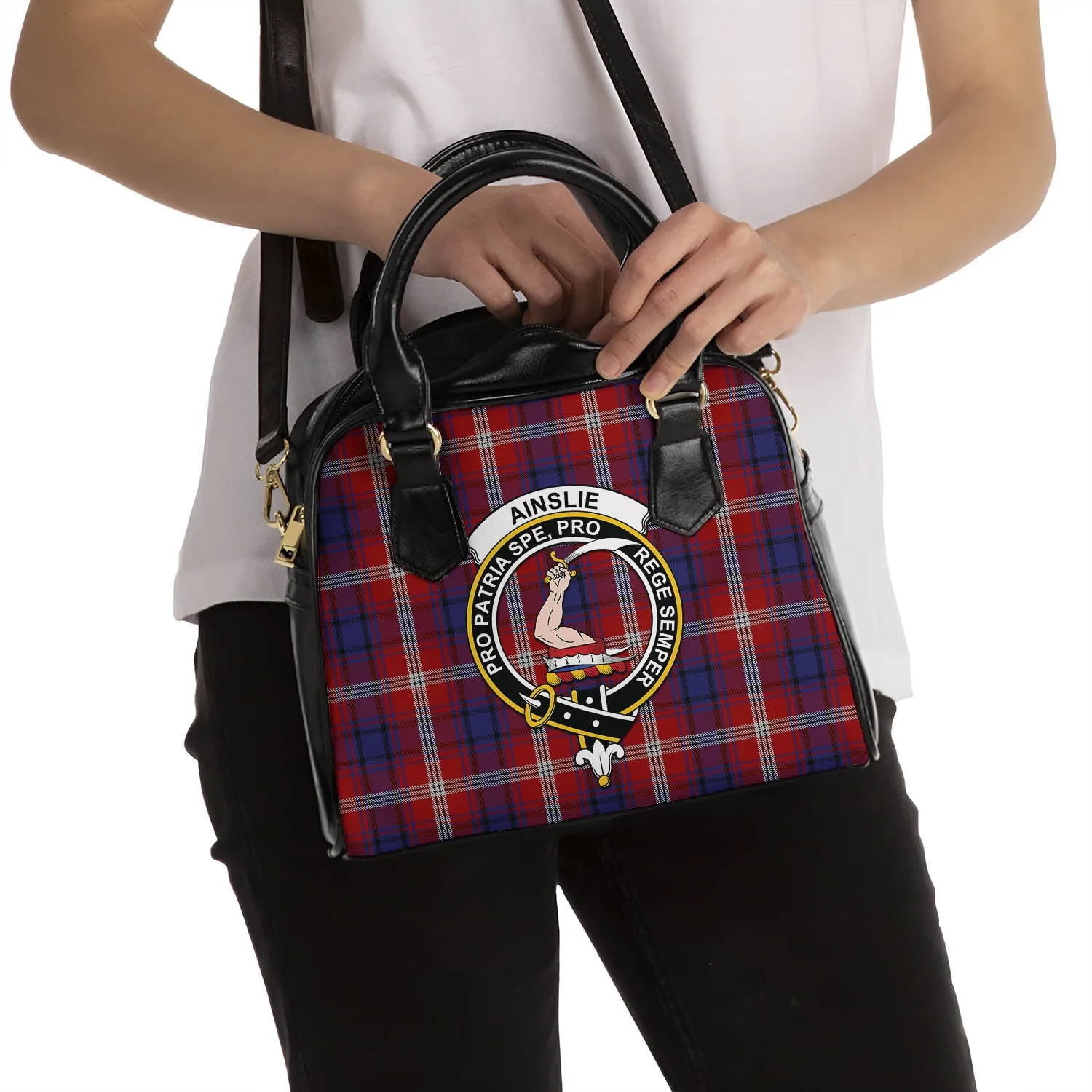 Ainslie Tartan Shoulder Handbags with Family Crest