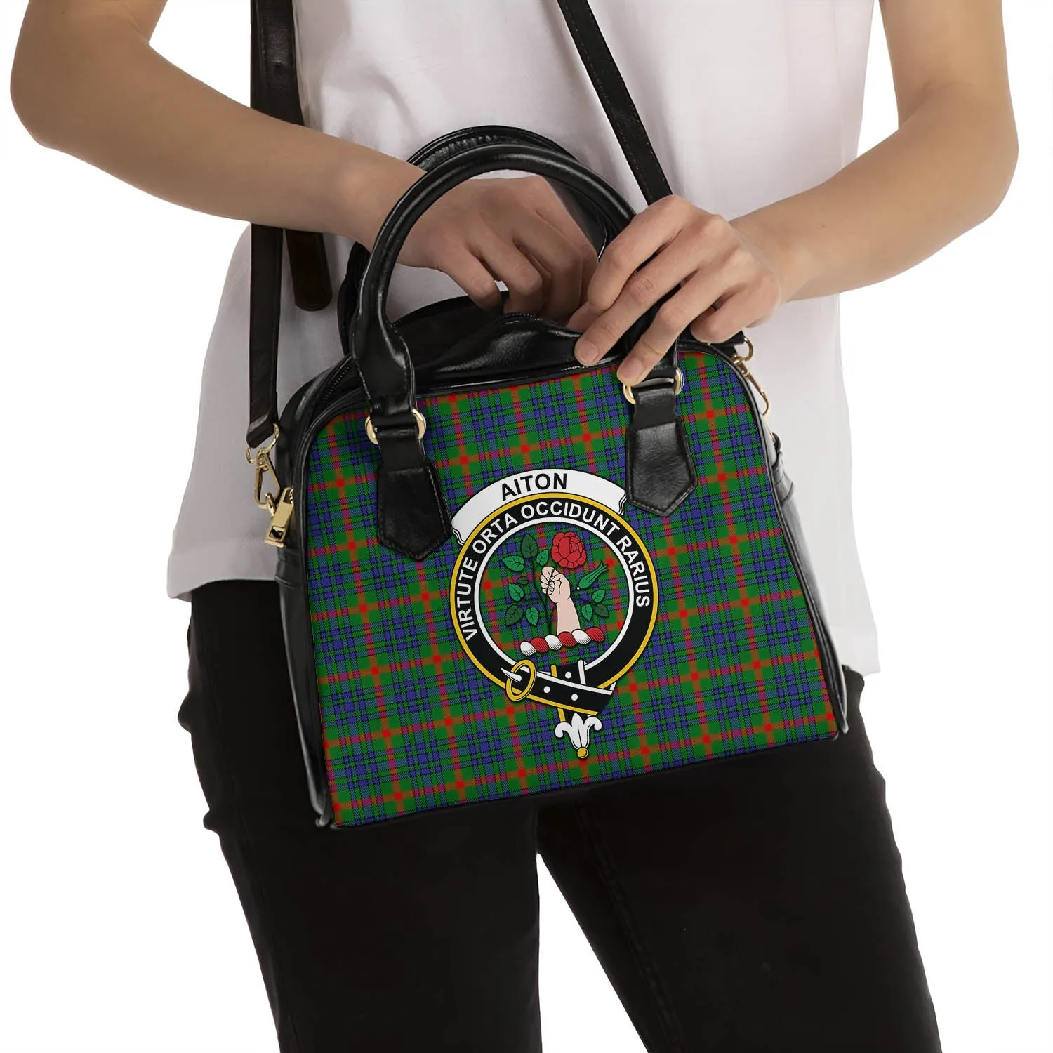 Aiton Tartan Shoulder Handbags with Family Crest