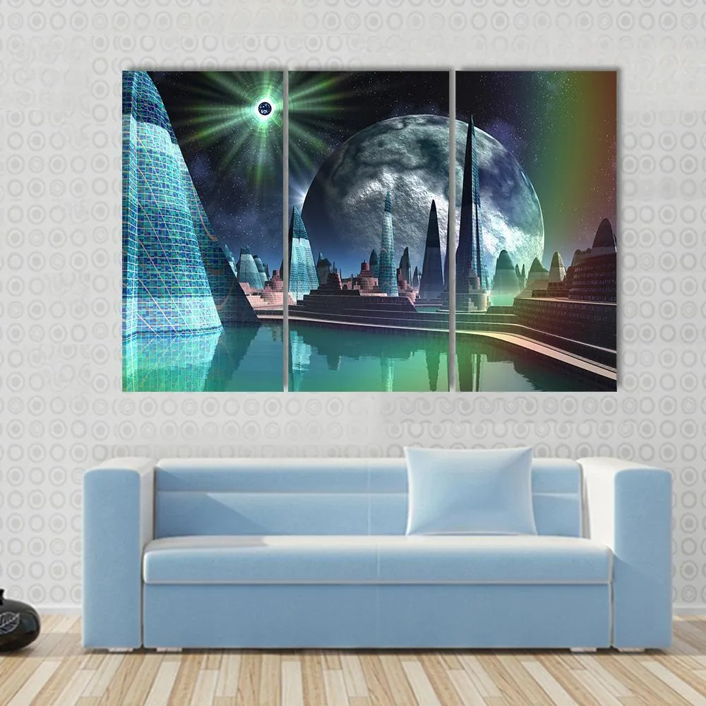 Alien City With Quasar Star Canvas Wall Art