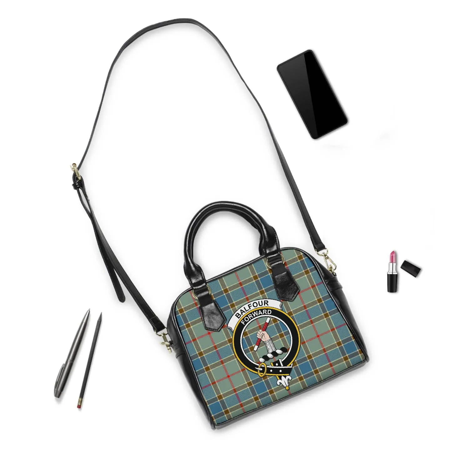 Balfour Blue Tartan Shoulder Handbags with Family Crest