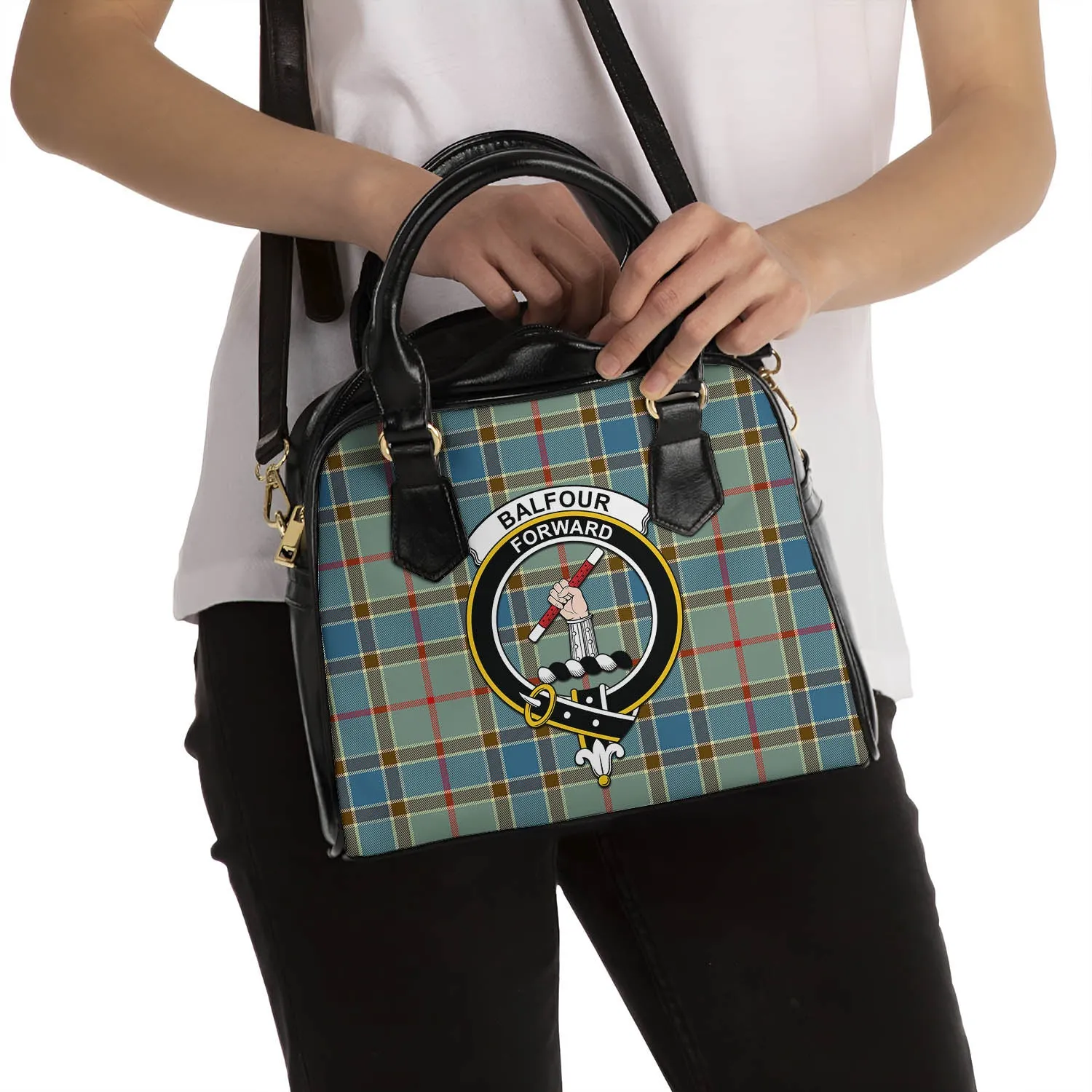 Balfour Blue Tartan Shoulder Handbags with Family Crest