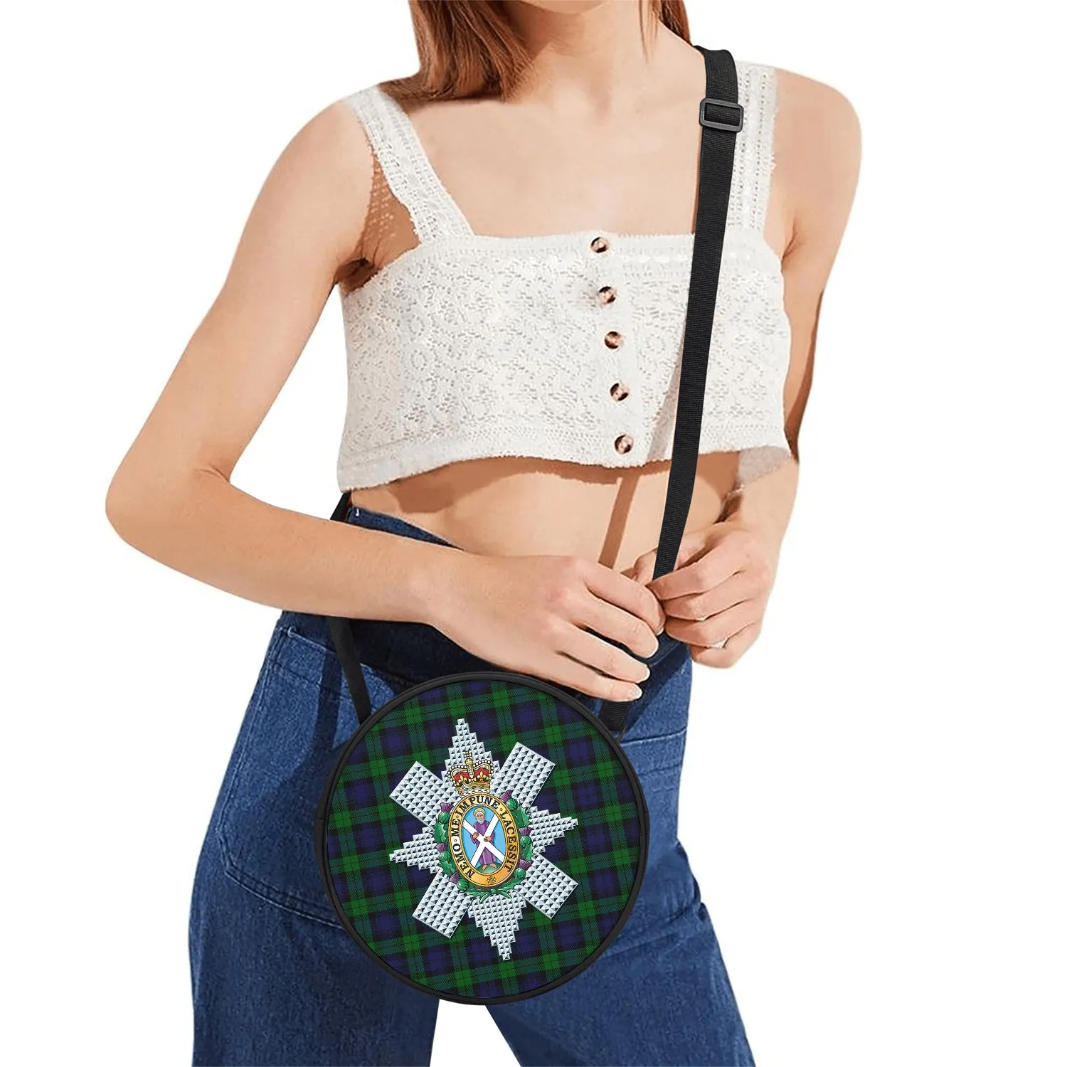 Black Watch Tartan Round Satchel Bags with Family Crest