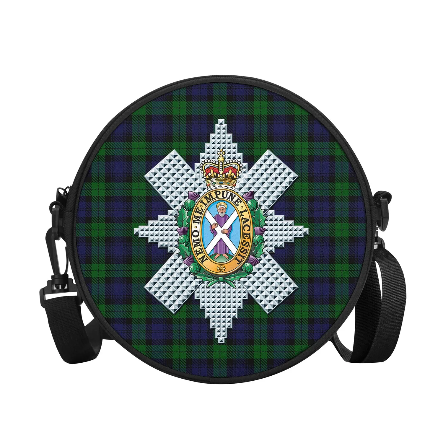 Black Watch Tartan Round Satchel Bags with Family Crest