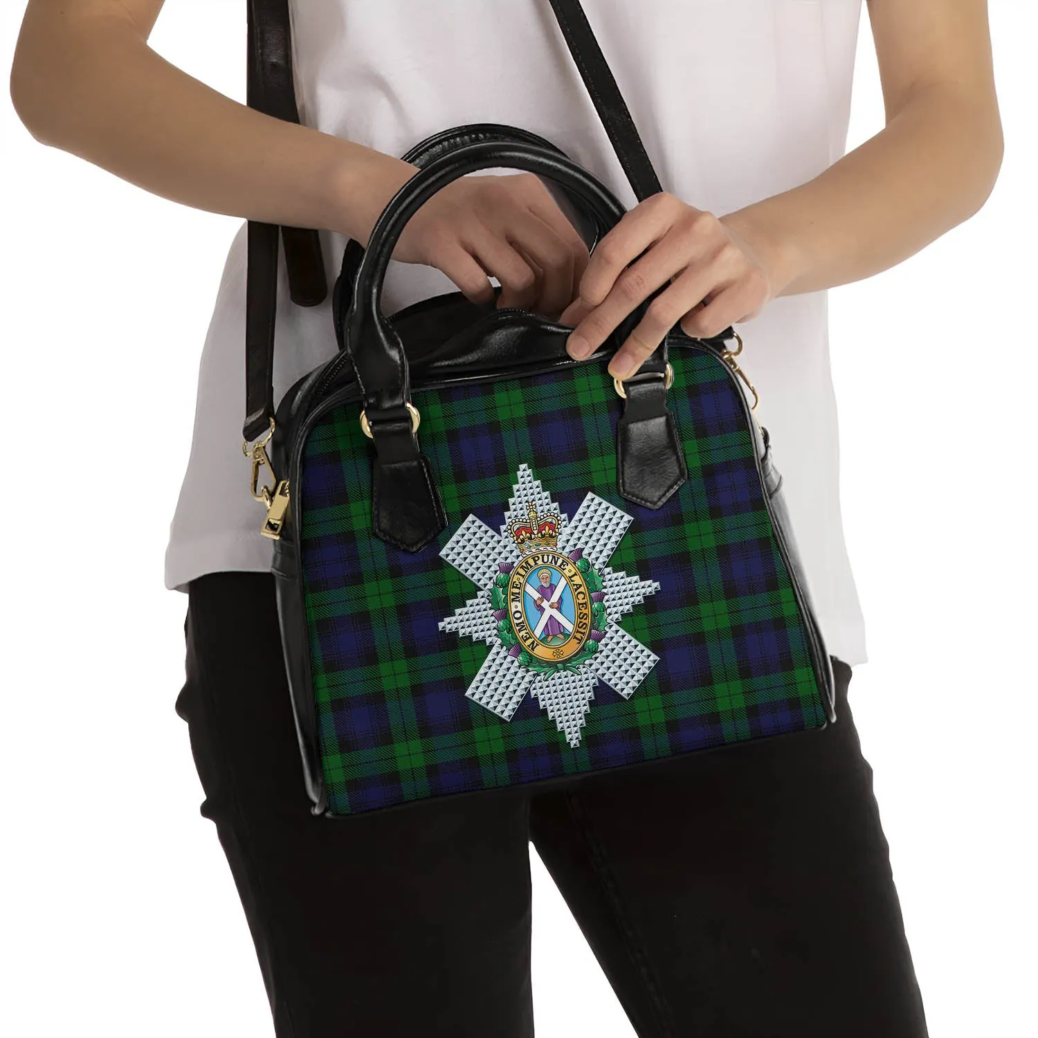 Black Watch Tartan Shoulder Handbags with Family Crest