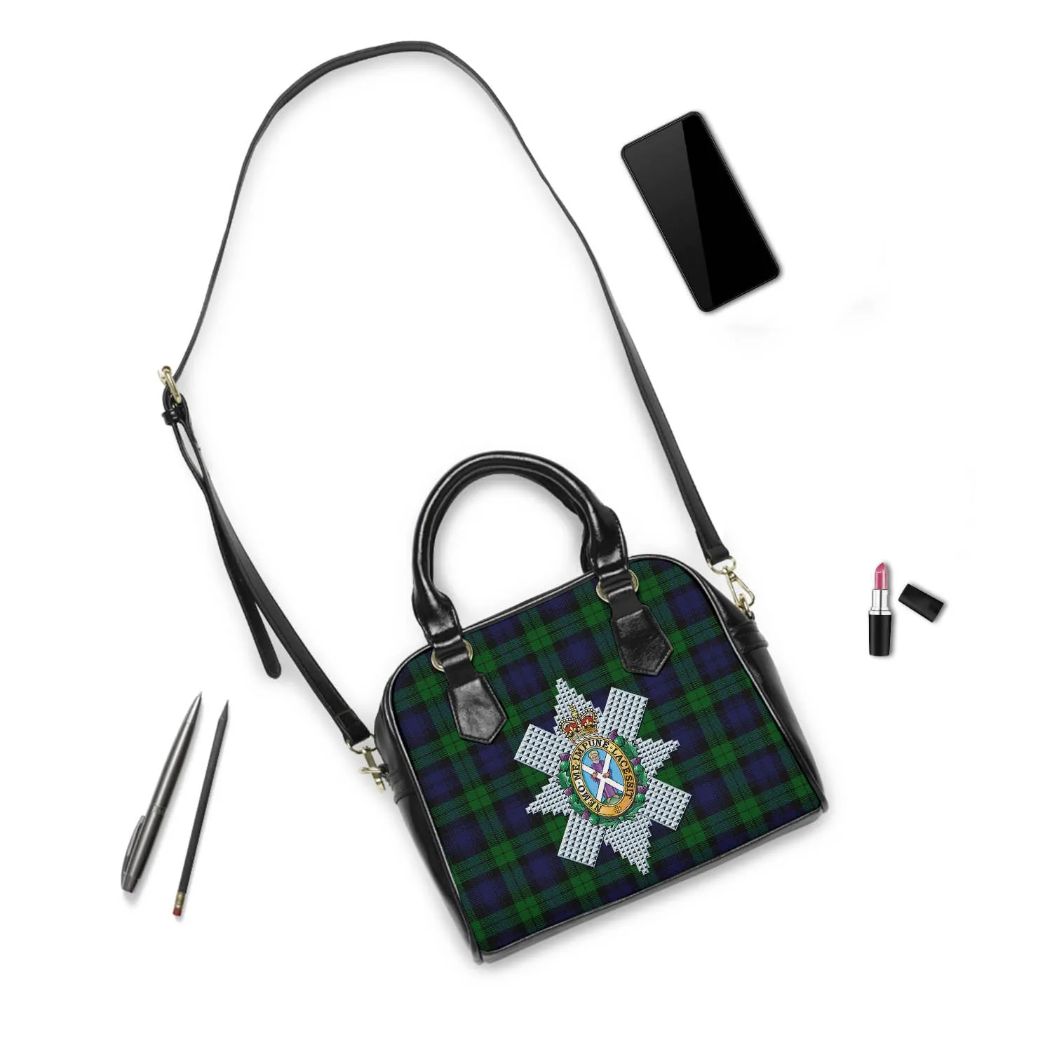 Black Watch Tartan Shoulder Handbags with Family Crest