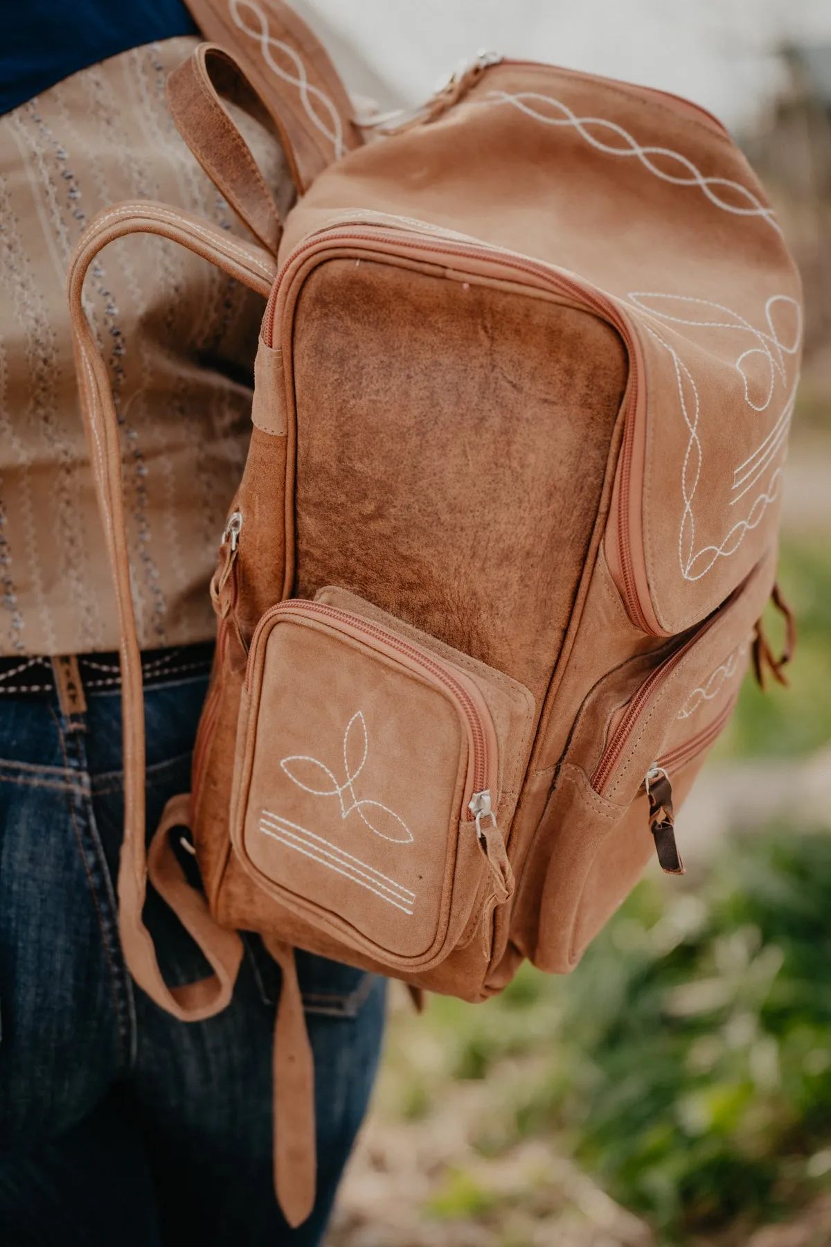 Boot Stitch Suede Backpack (Tan)