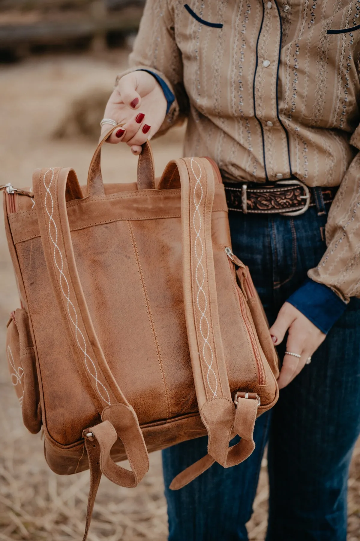 Boot Stitch Suede Backpack (Tan)