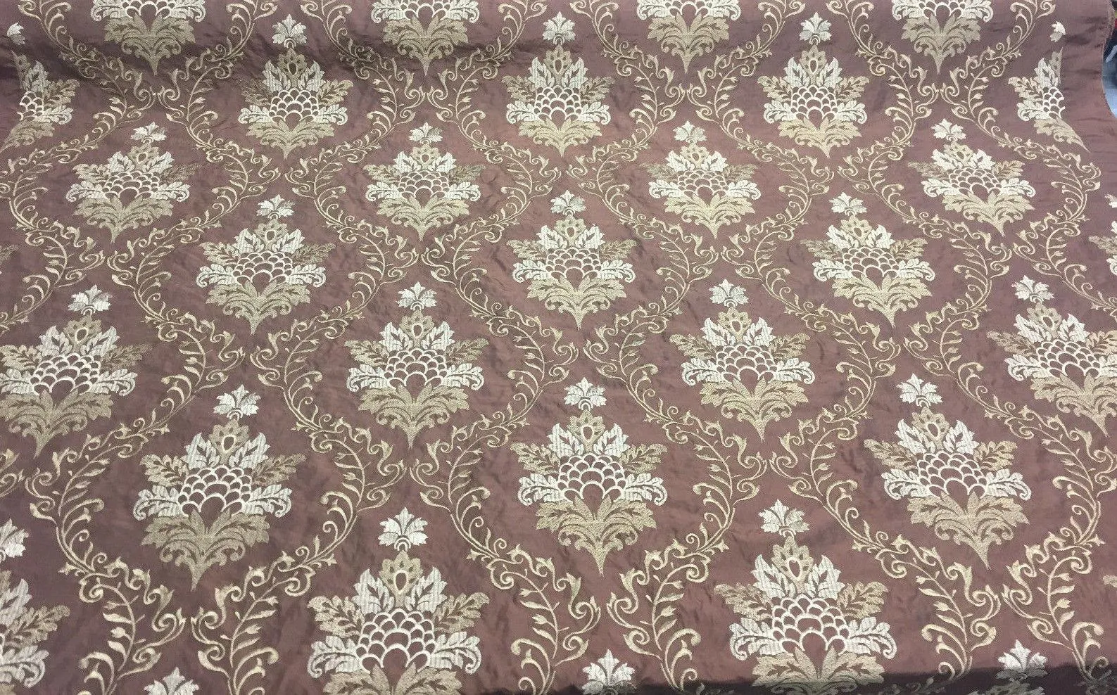 Brown Gold Damask Embroidered Faux Silk Polyester Drapery Fabric  by the yard