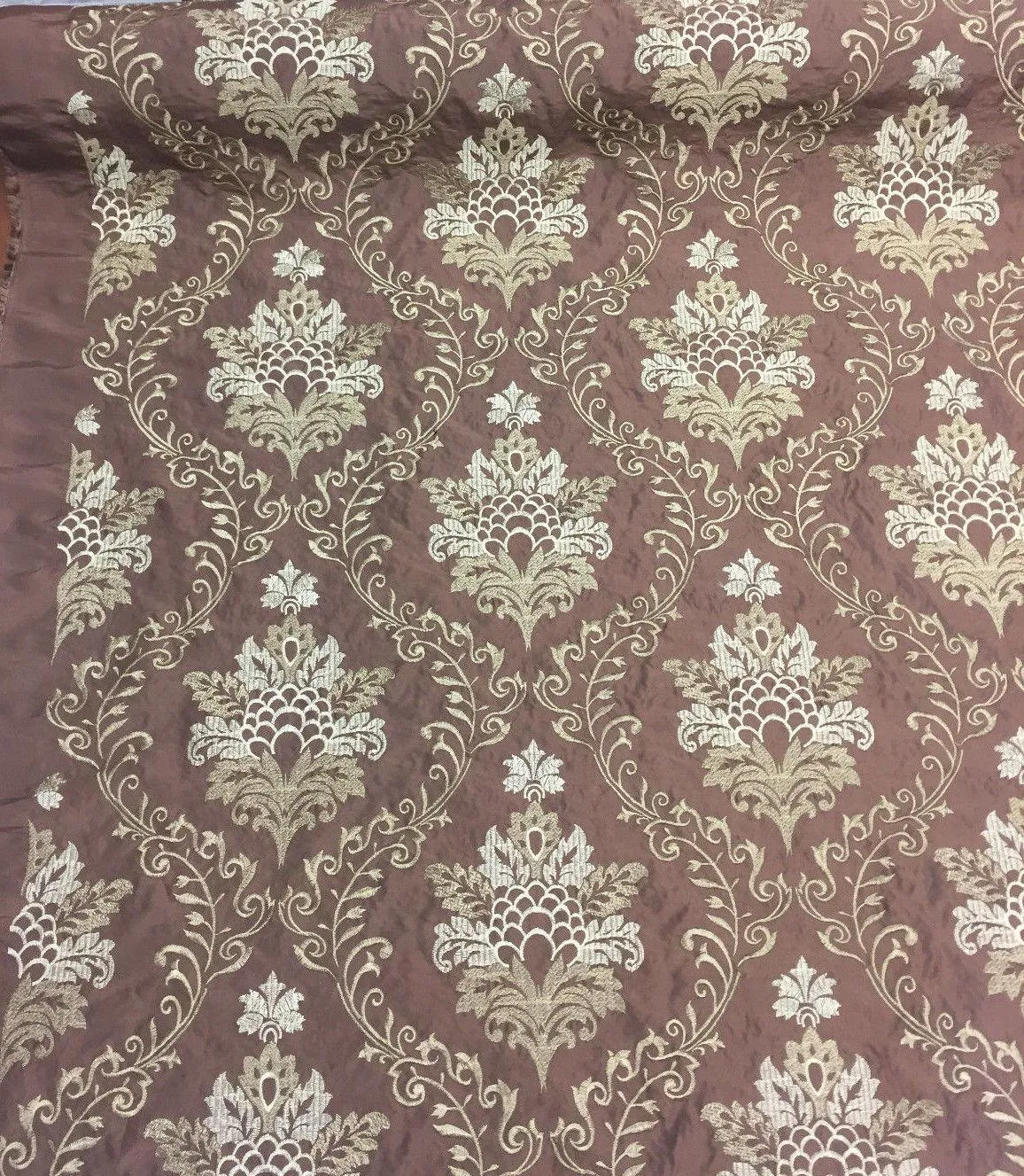 Brown Gold Damask Embroidered Faux Silk Polyester Drapery Fabric  by the yard