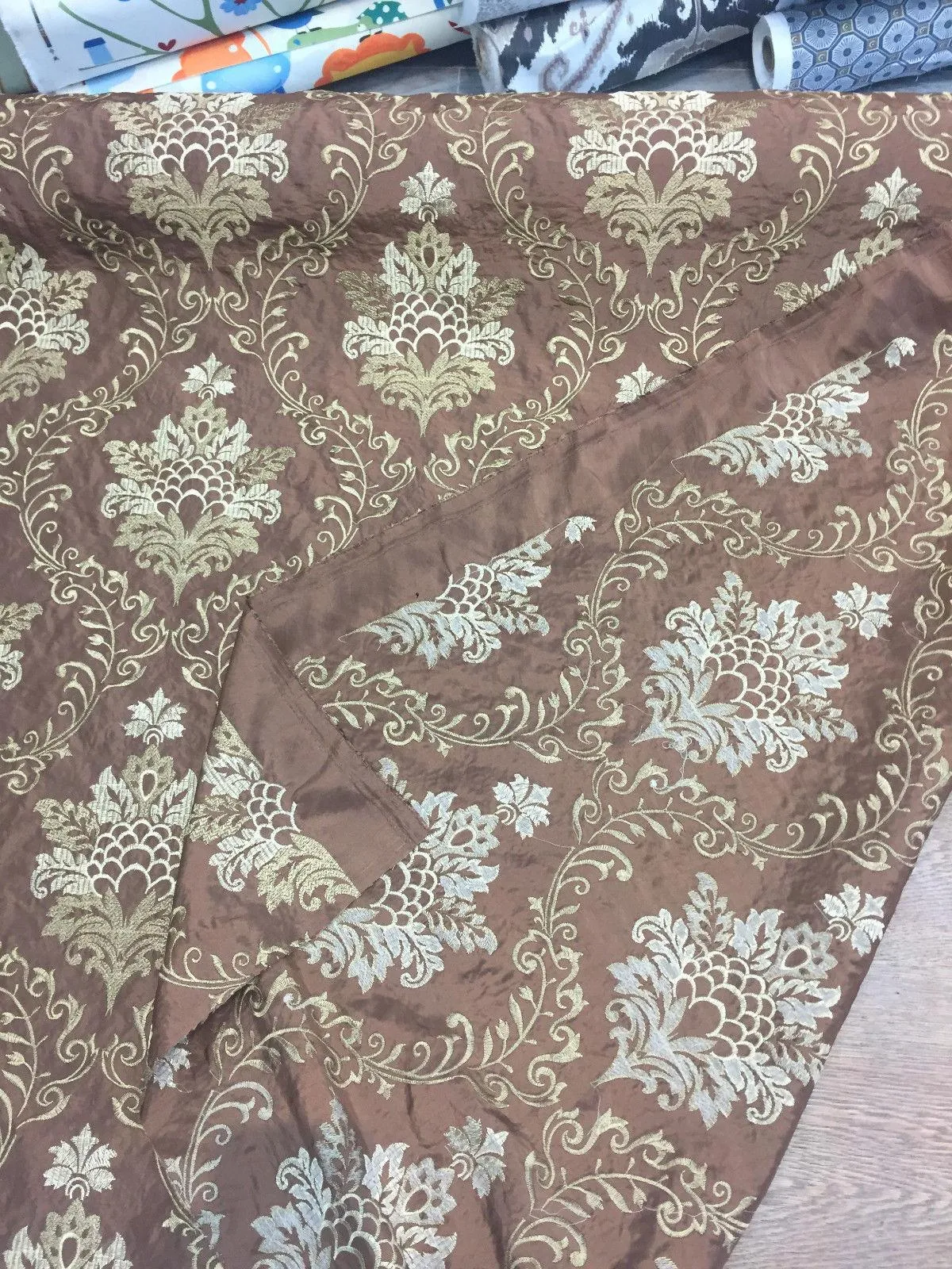 Brown Gold Damask Embroidered Faux Silk Polyester Drapery Fabric  by the yard