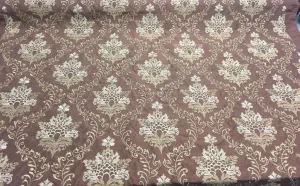 Brown Gold Damask Embroidered Faux Silk Polyester Drapery Fabric  by the yard