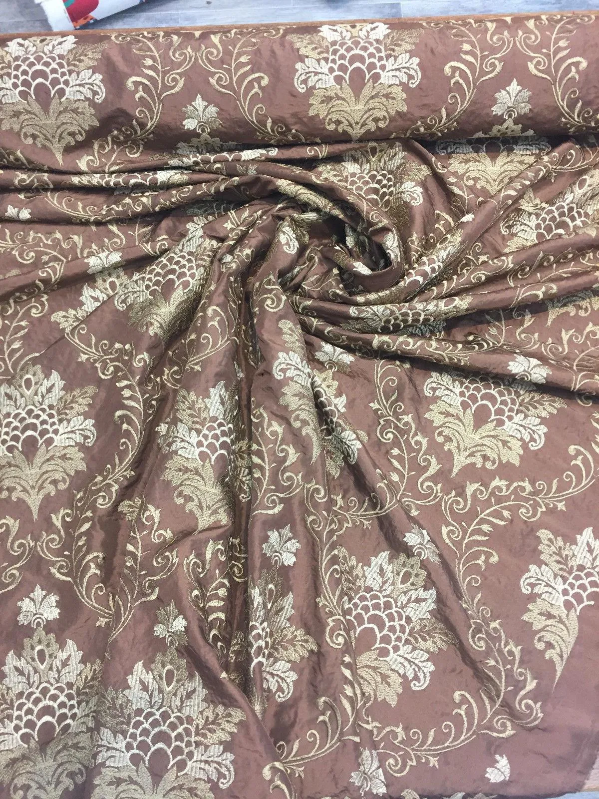 Brown Gold Damask Embroidered Faux Silk Polyester Drapery Fabric  by the yard