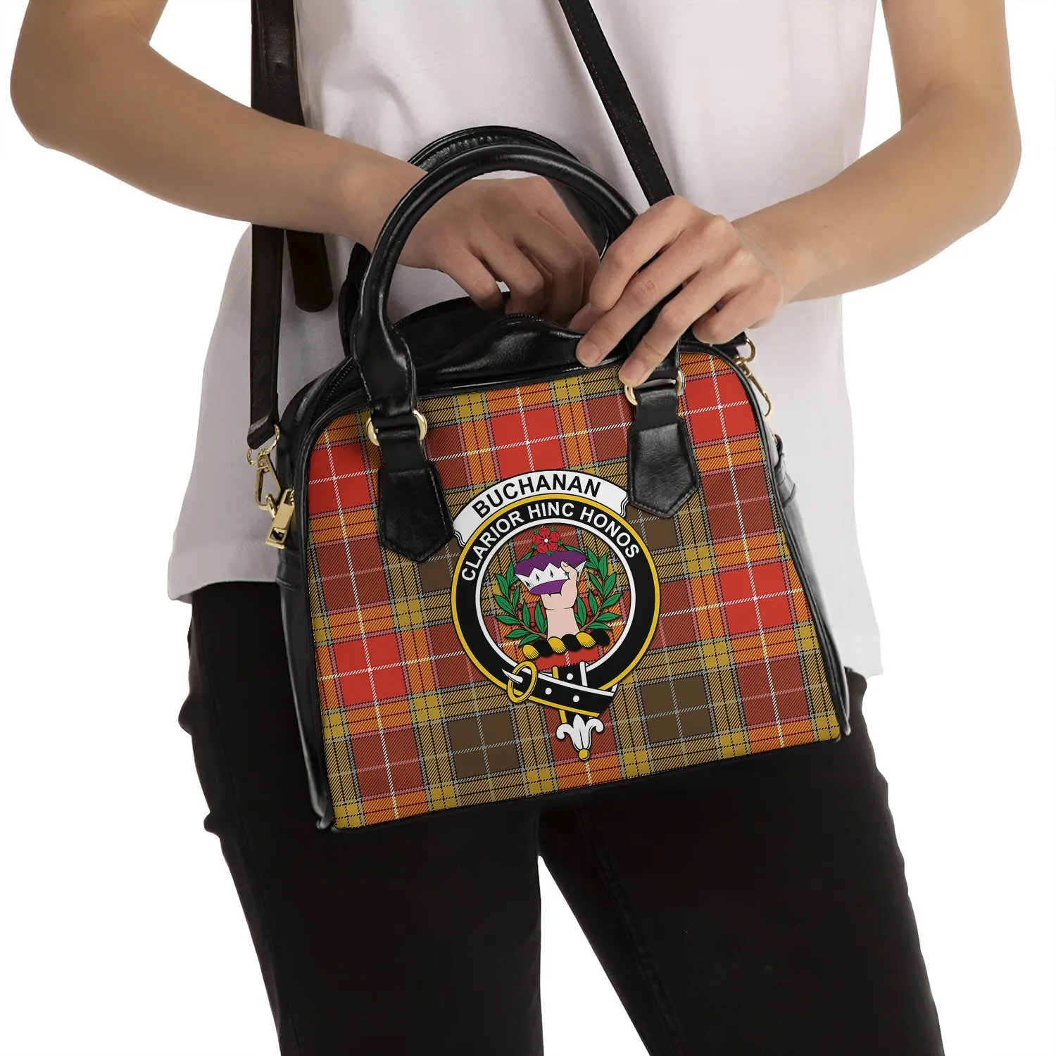 Buchanan Old Set Weathered Tartan Shoulder Handbags with Family Crest
