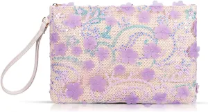 Clutch Purses for Women, Straw Bag, Bohemian Handmade Sequin Embroidered Flowers Envelope Package, Leather wristbands, Beach Handbags for Vacation, Travel, Banquet(Purple)