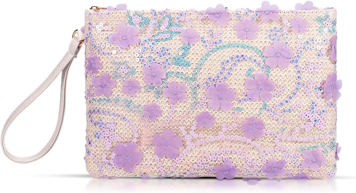 Clutch Purses for Women, Straw Bag, Bohemian Handmade Sequin Embroidered Flowers Envelope Package, Leather wristbands, Beach Handbags for Vacation, Travel, Banquet(Purple)