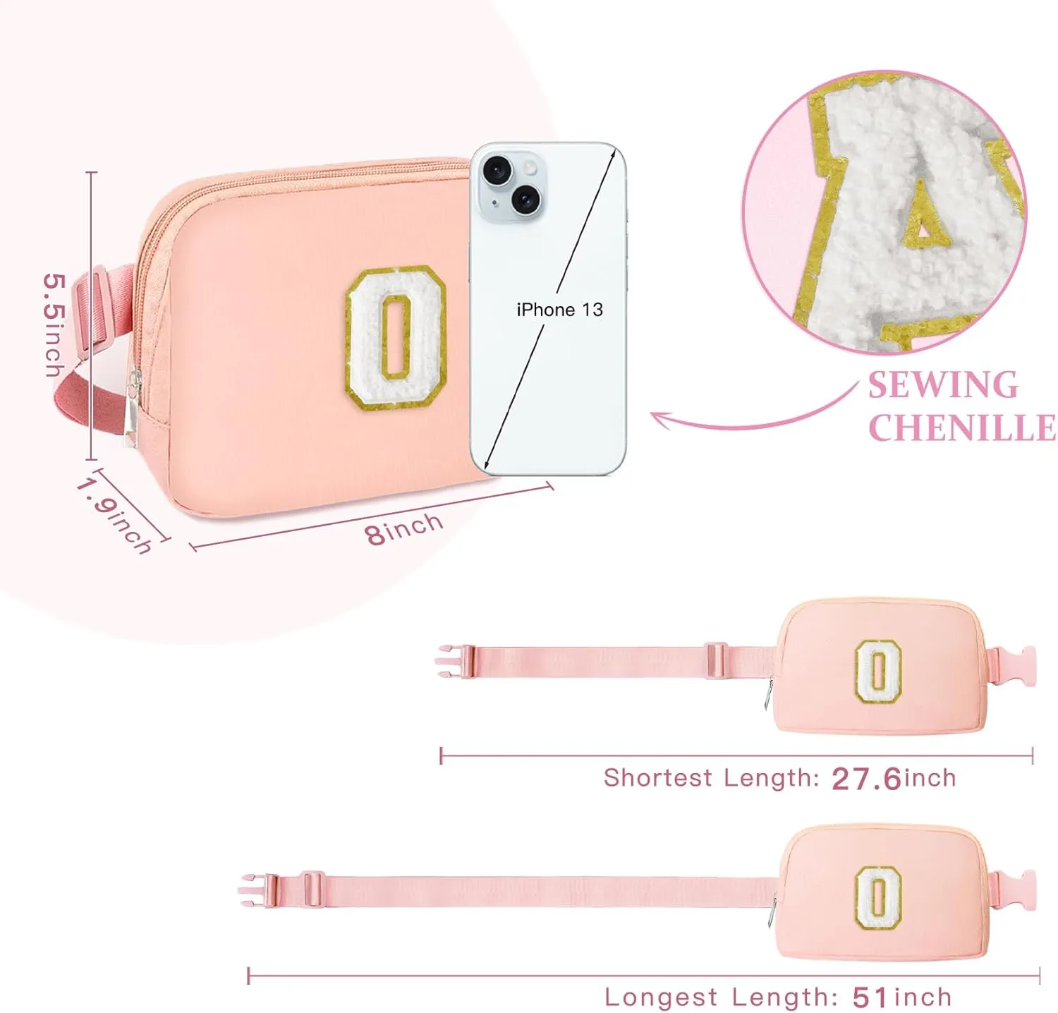 COSHAYSOO Pink Small Waist Fanny Pack Belt Bag with Initial Letter Patch Crossbody Adjustable Strap for Women Girls Running Traveling, Mini Cross Body Travel Must Have Purse Essential Pouch (O)