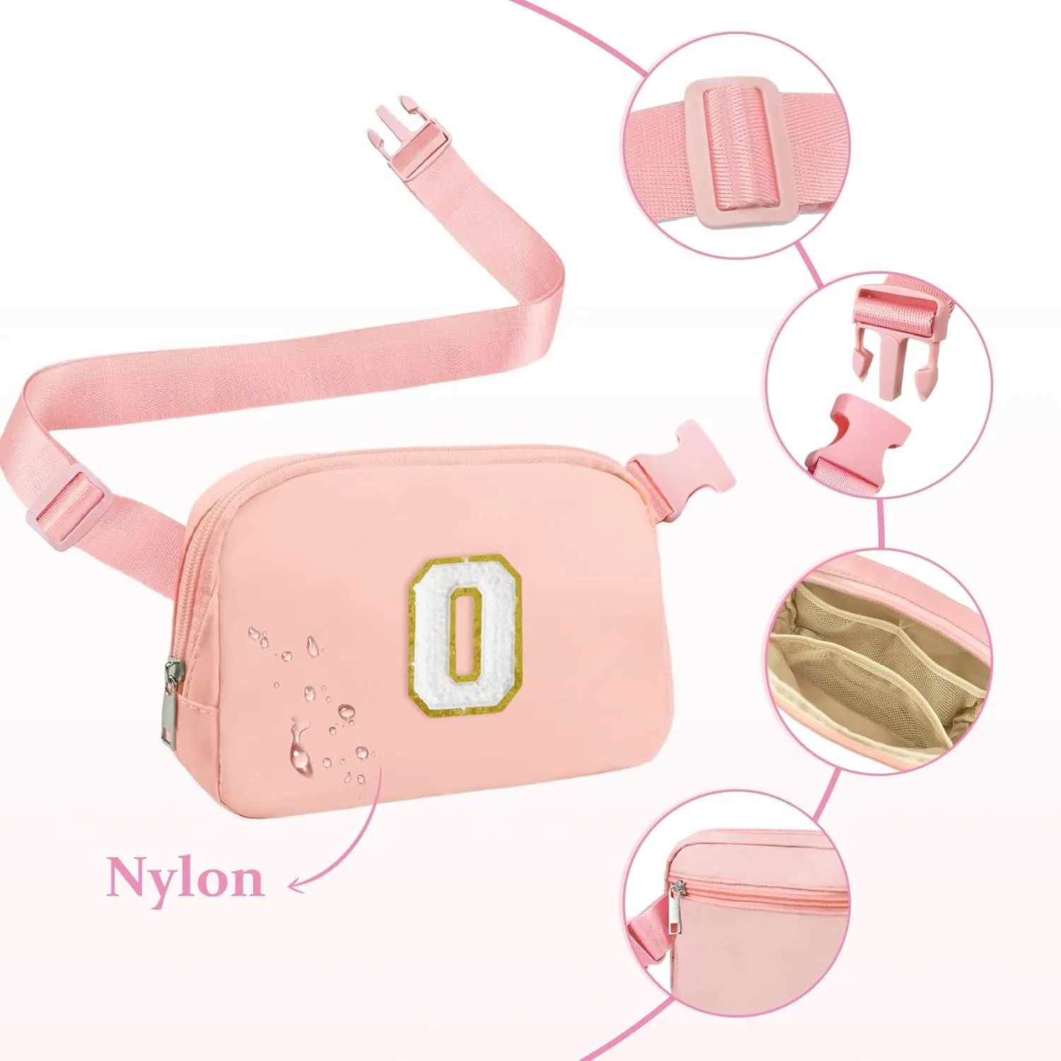 COSHAYSOO Pink Small Waist Fanny Pack Belt Bag with Initial Letter Patch Crossbody Adjustable Strap for Women Girls Running Traveling, Mini Cross Body Travel Must Have Purse Essential Pouch (O)