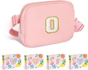COSHAYSOO Pink Small Waist Fanny Pack Belt Bag with Initial Letter Patch Crossbody Adjustable Strap for Women Girls Running Traveling, Mini Cross Body Travel Must Have Purse Essential Pouch (O)