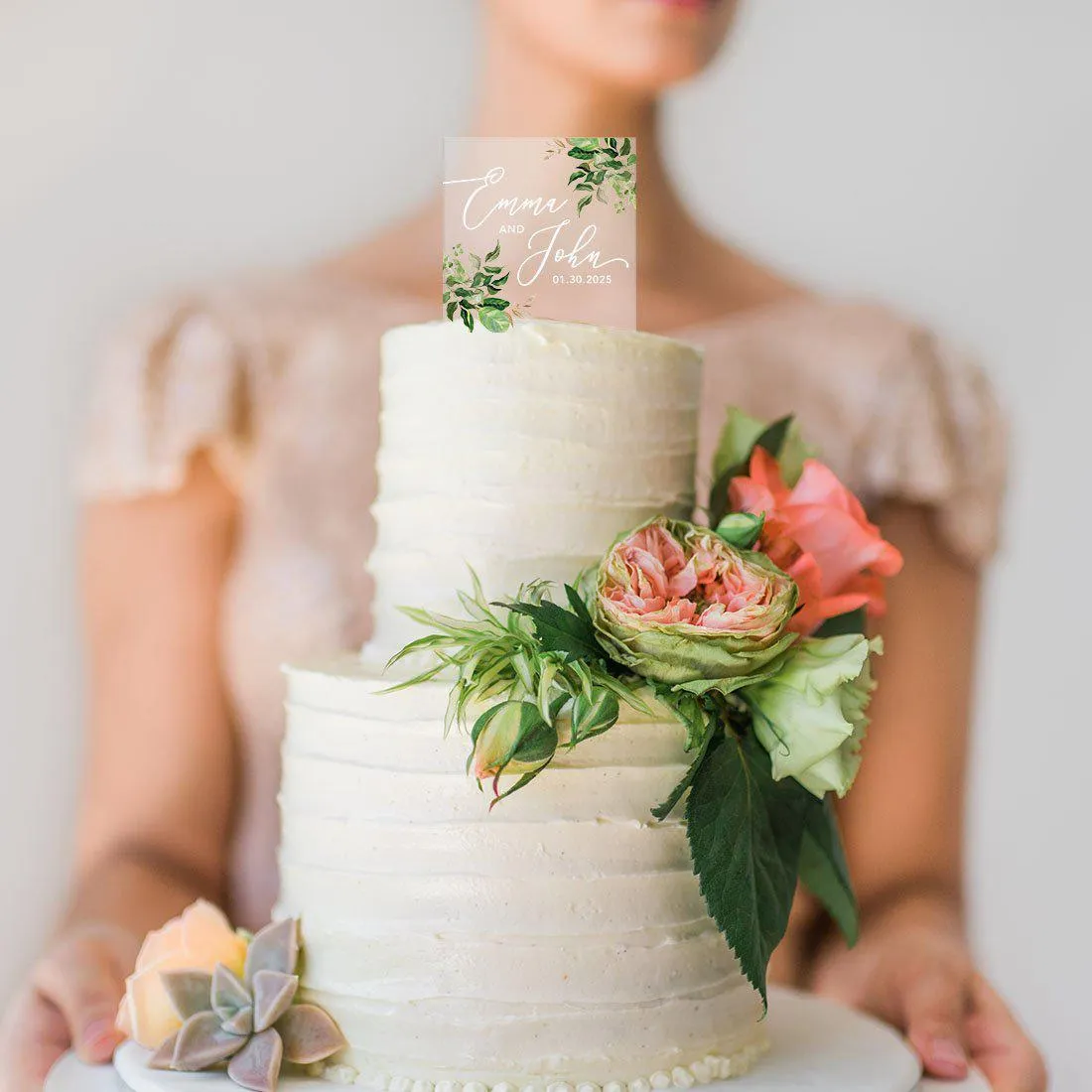 Custom Eucalyptus Greenery Square Acrylic Cake Topper Collection