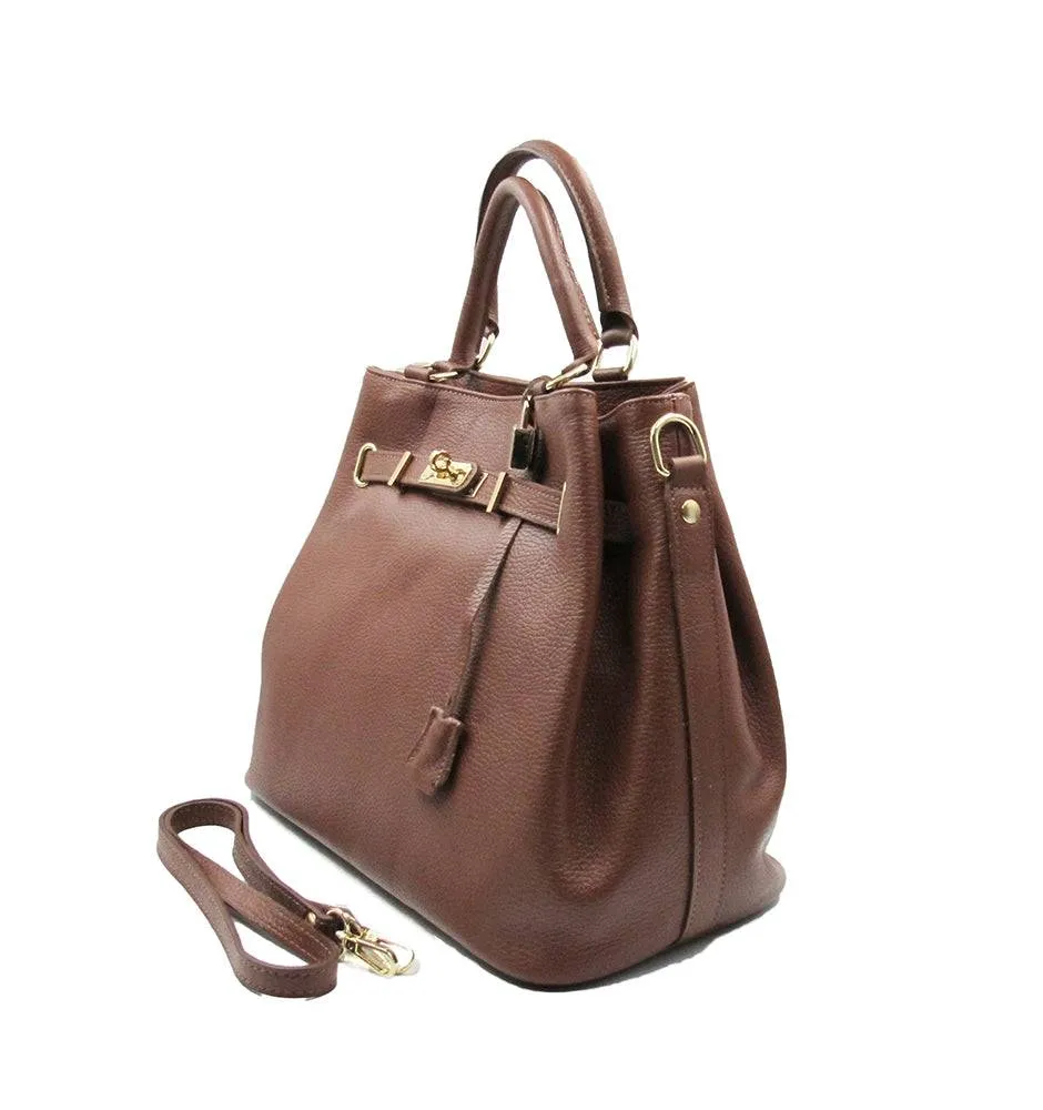 Dark Brown Leather Handbag Detach Shoulder Strap Padlock Handmade In Italy