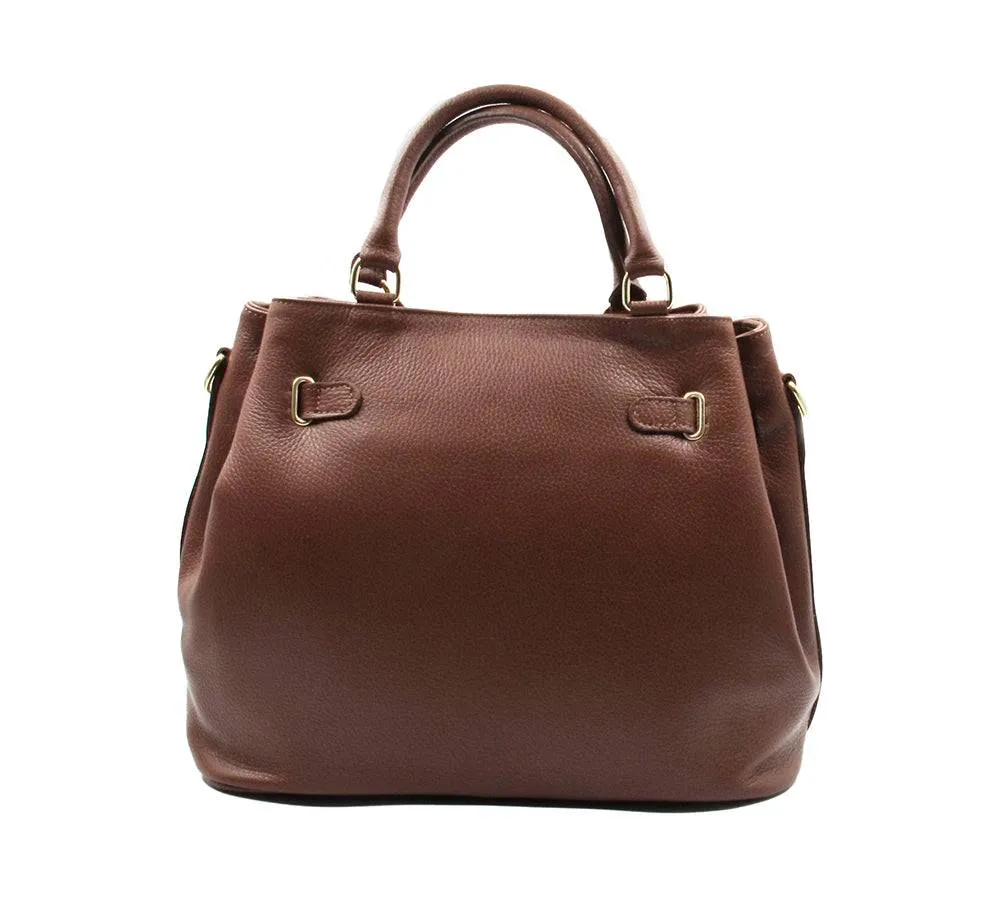 Dark Brown Leather Handbag Detach Shoulder Strap Padlock Handmade In Italy