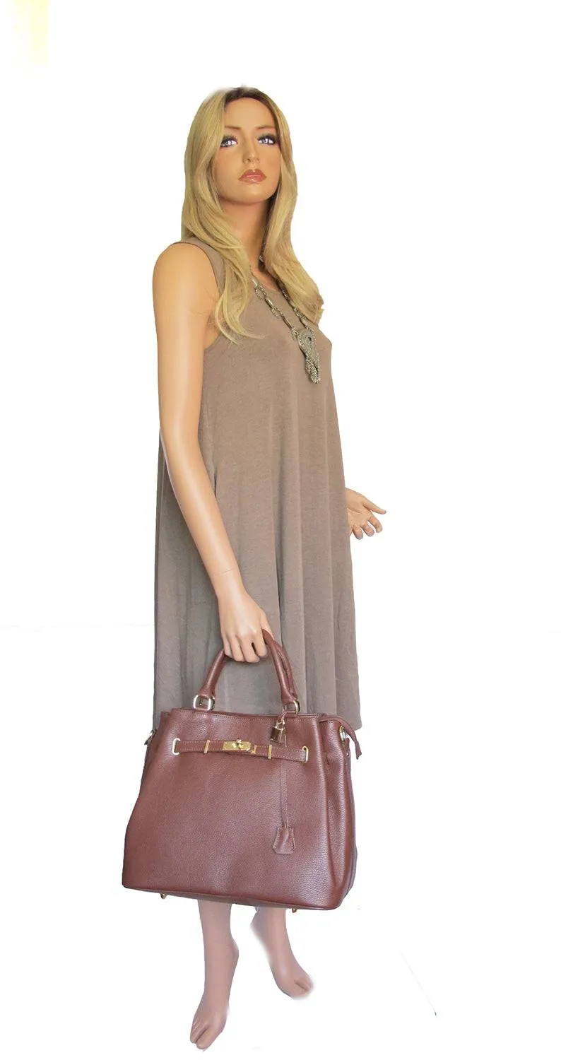 Dark Brown Leather Handbag Detach Shoulder Strap Padlock Handmade In Italy