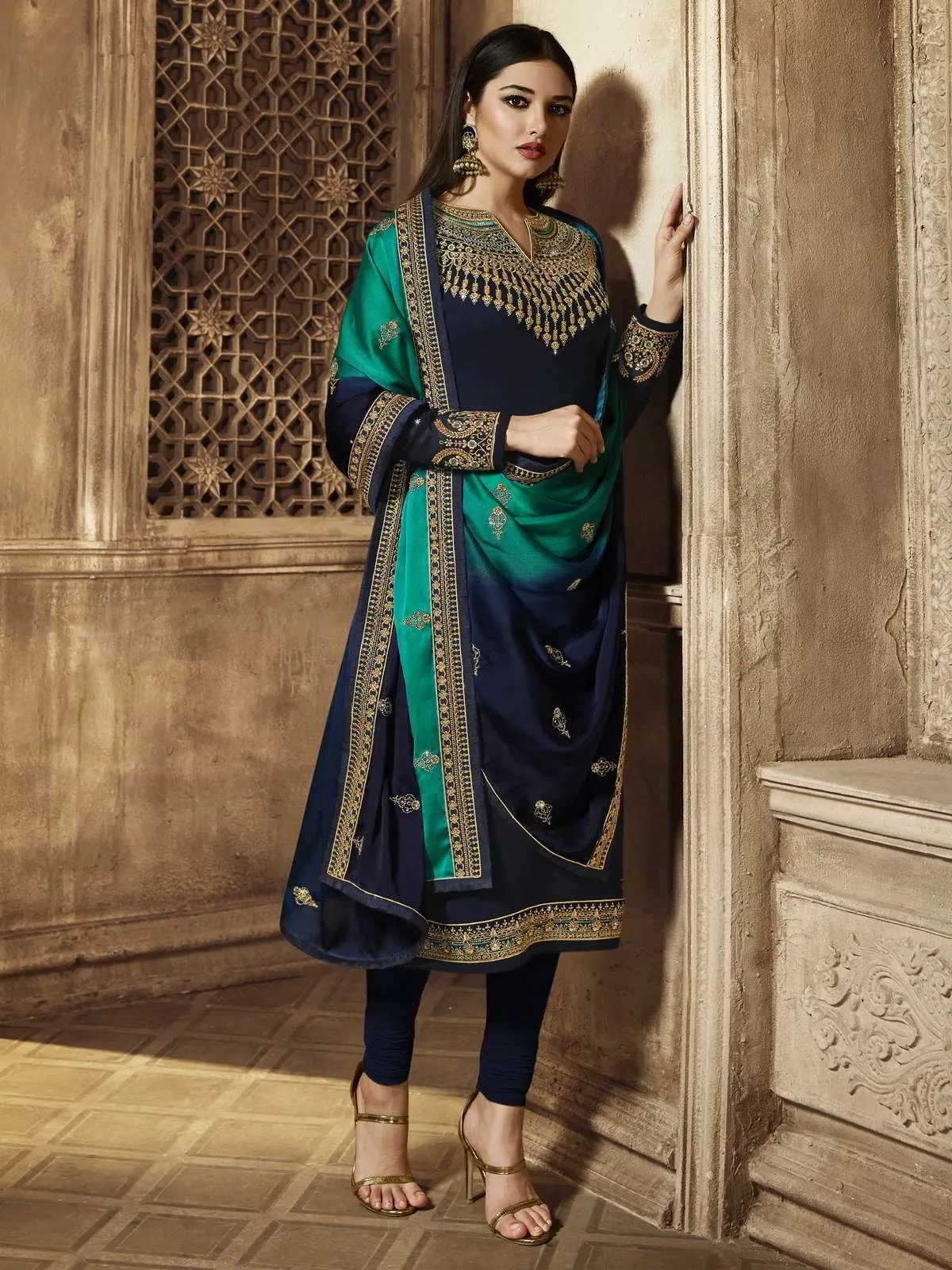 Deep Blue Golden Embroidered Party Wear Lehenga Suit