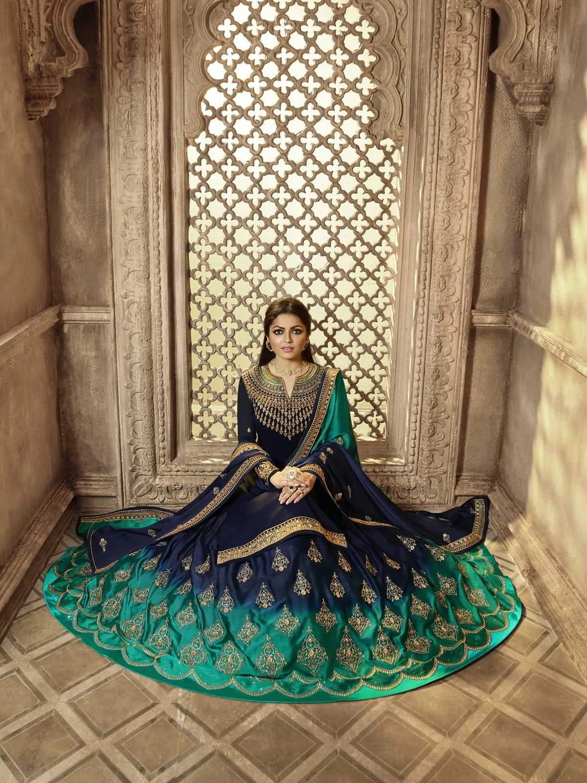 Deep Blue Golden Embroidered Party Wear Lehenga Suit