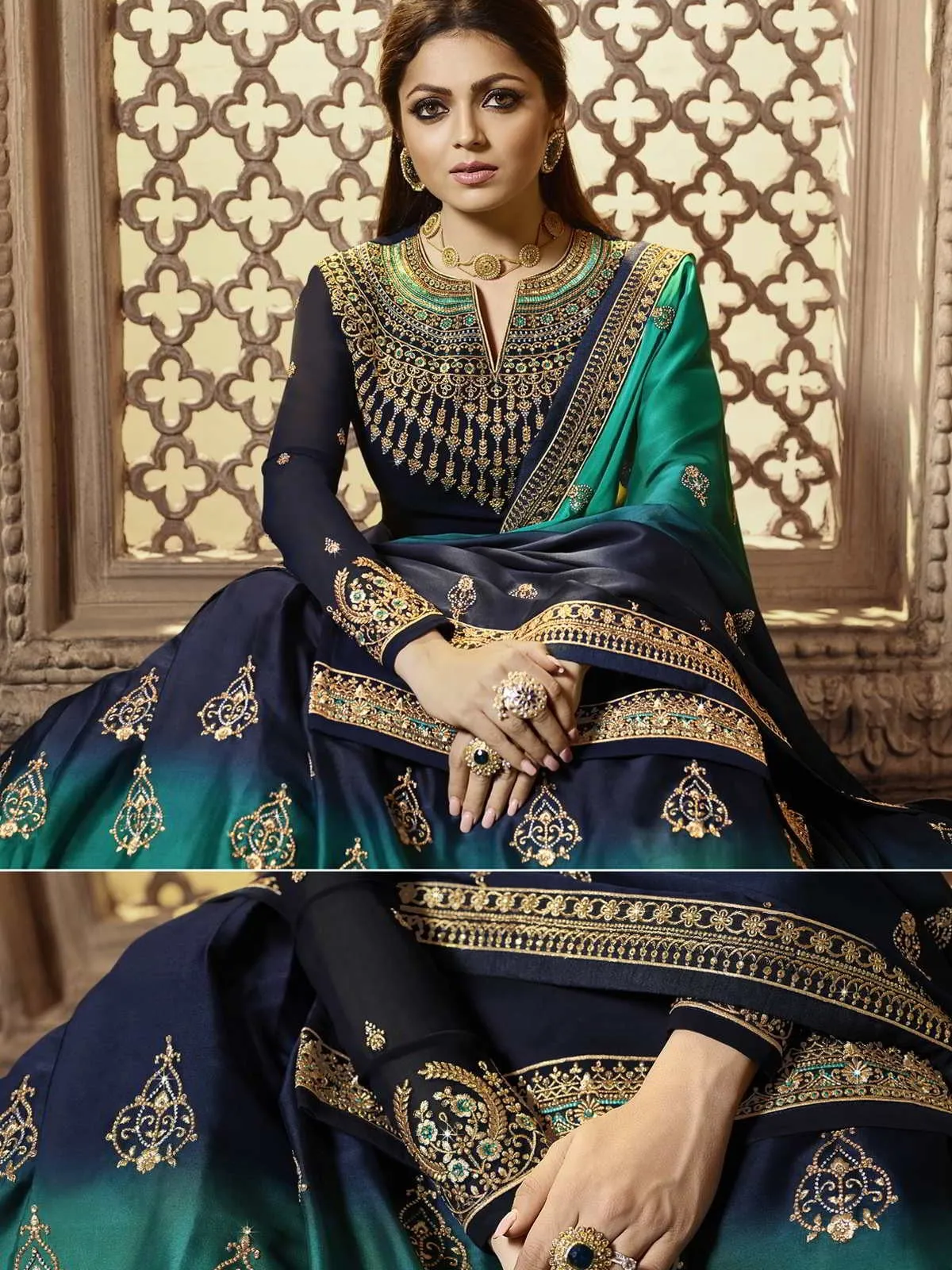 Deep Blue Golden Embroidered Party Wear Lehenga Suit