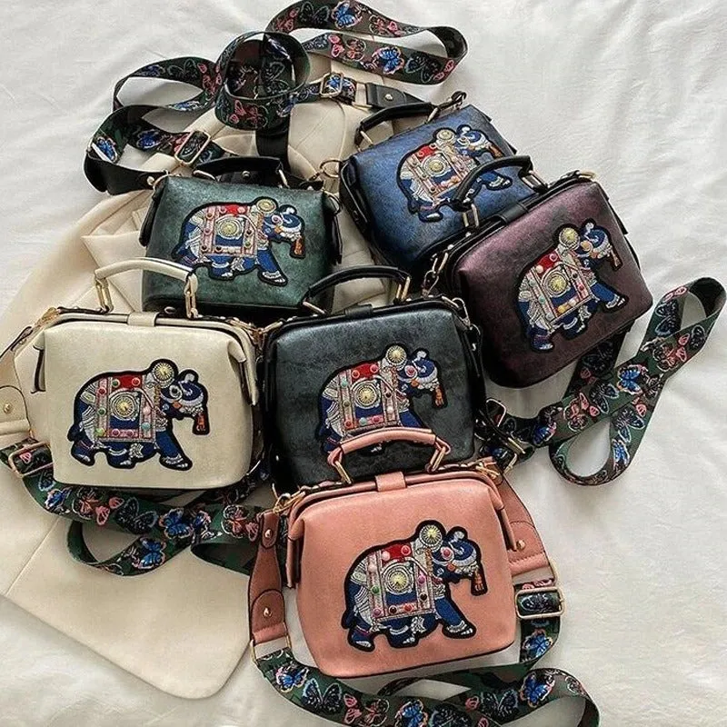 Embroidered Elephant Accent Handbags with Butterfly Strap