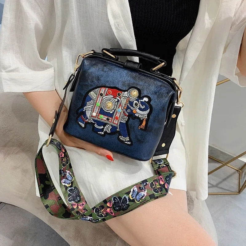 Embroidered Elephant Accent Handbags with Butterfly Strap
