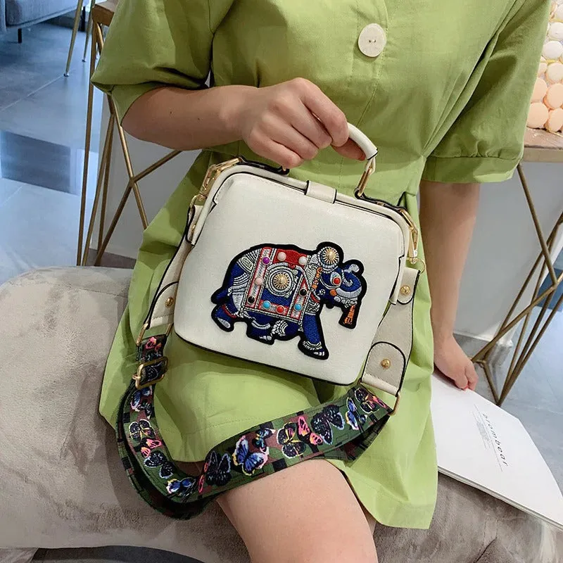 Embroidered Elephant Accent Handbags with Butterfly Strap
