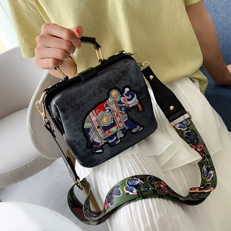 Embroidered Elephant Accent Handbags with Butterfly Strap