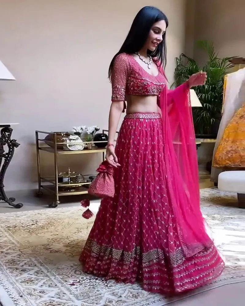 Faux Georgette Pink Lehenga Choli Dupatta Set with 3MM Sequins & Zari