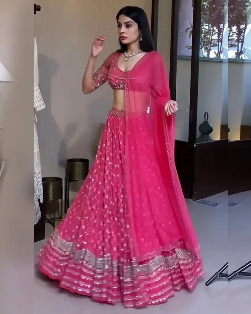 Faux Georgette Pink Lehenga Choli Dupatta Set with 3MM Sequins & Zari