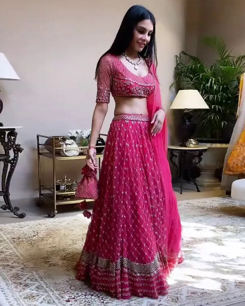 Faux Georgette Pink Lehenga Choli Dupatta Set with 3MM Sequins & Zari