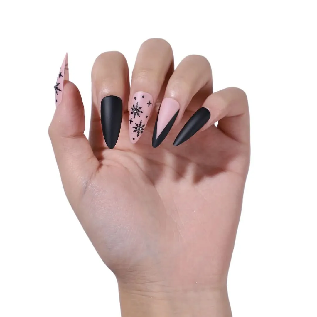 Frostbite | Matte Black Snowflake Stiletto Press-On Nails