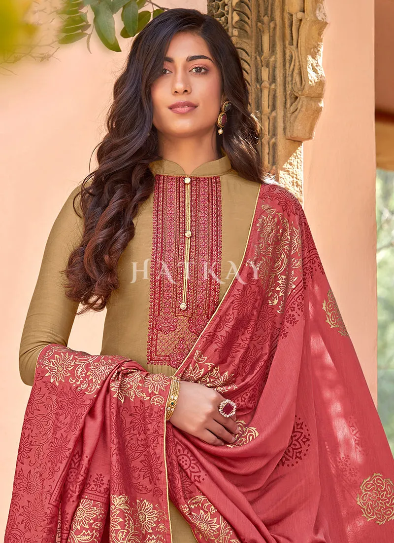 Golden And Peach Embroidered Pant Style Salwar Suit