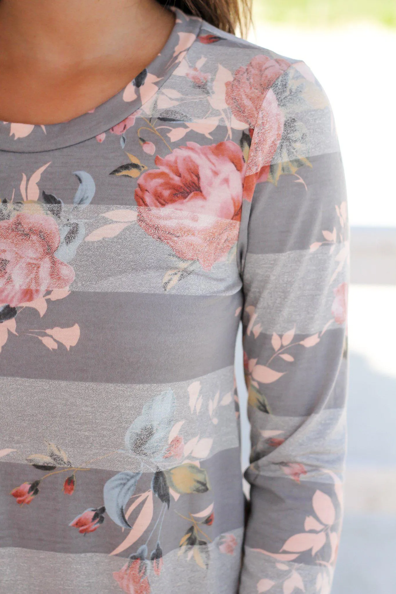 Gray Floral Striped Long Sleeve Top