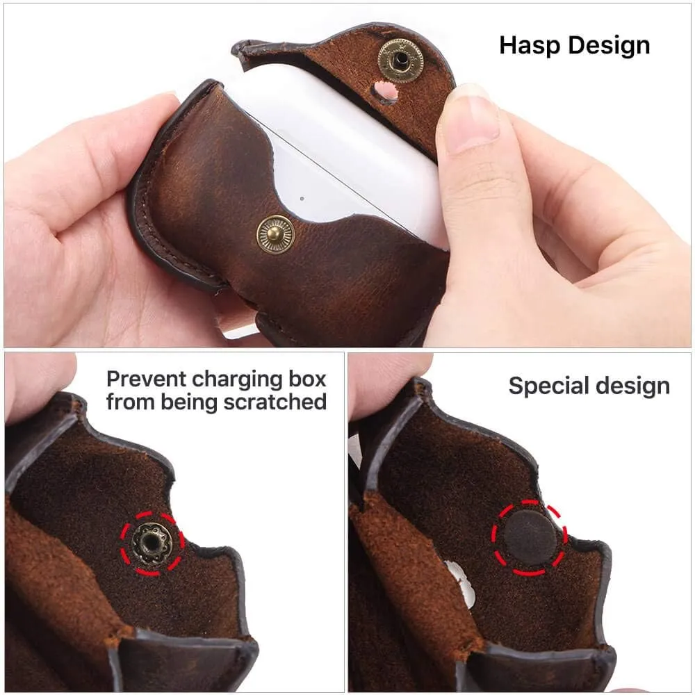 Hiram Airpods Pro Leather Case, Crazy Horse Cowhide Leather Portable Travel Case for Airpods Pro,Headphone Cases for AirPods Pro Charging Case(Coffee)