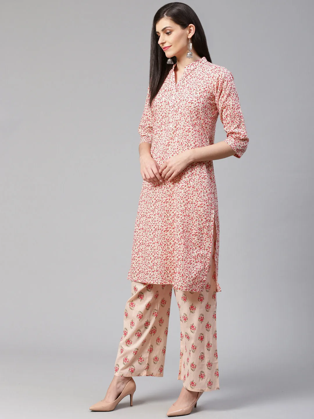 Jashvi Women Pink Floral Printed Kurta with Palazzos