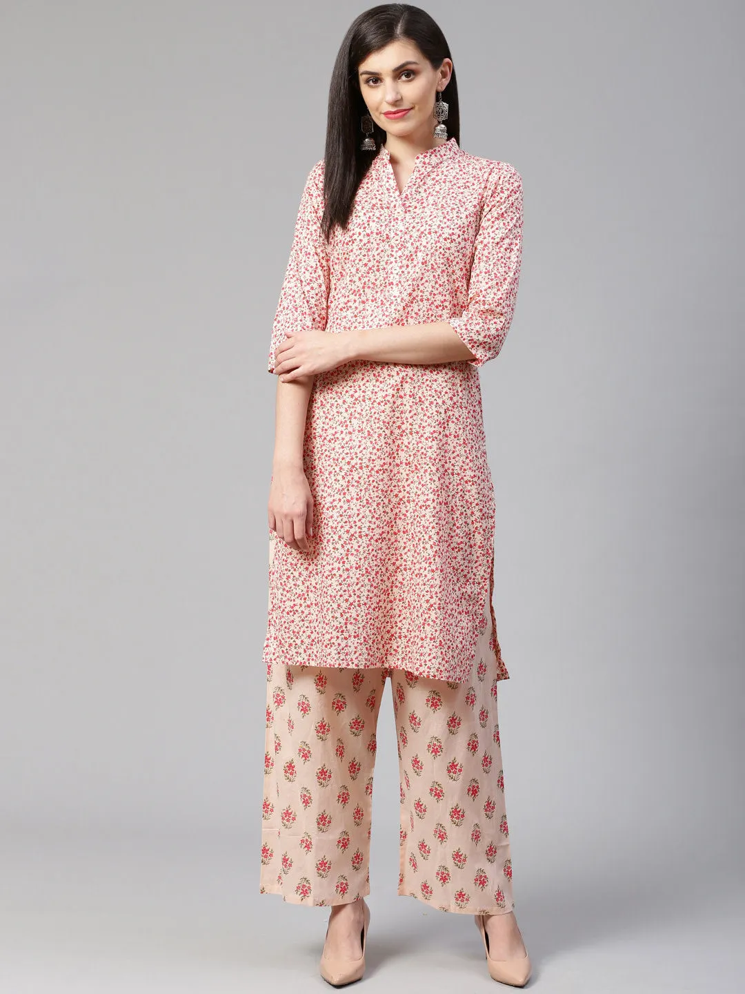 Jashvi Women Pink Floral Printed Kurta with Palazzos