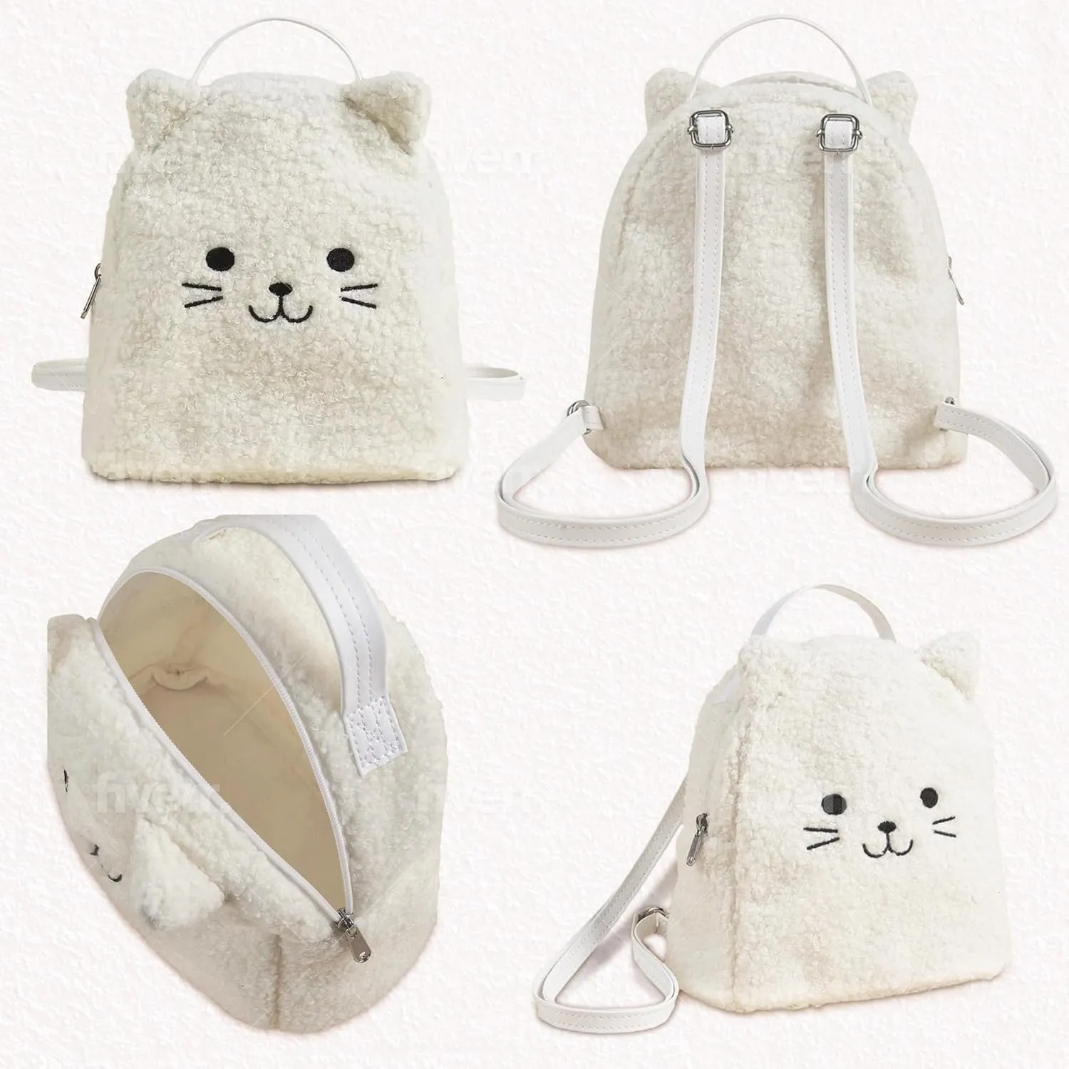 Kids Backpack Cat Mini Backpack for toddler Terry Kitten Kitty Sherpa Kitten with Fluffy Heart Keychain (white), S2210060
