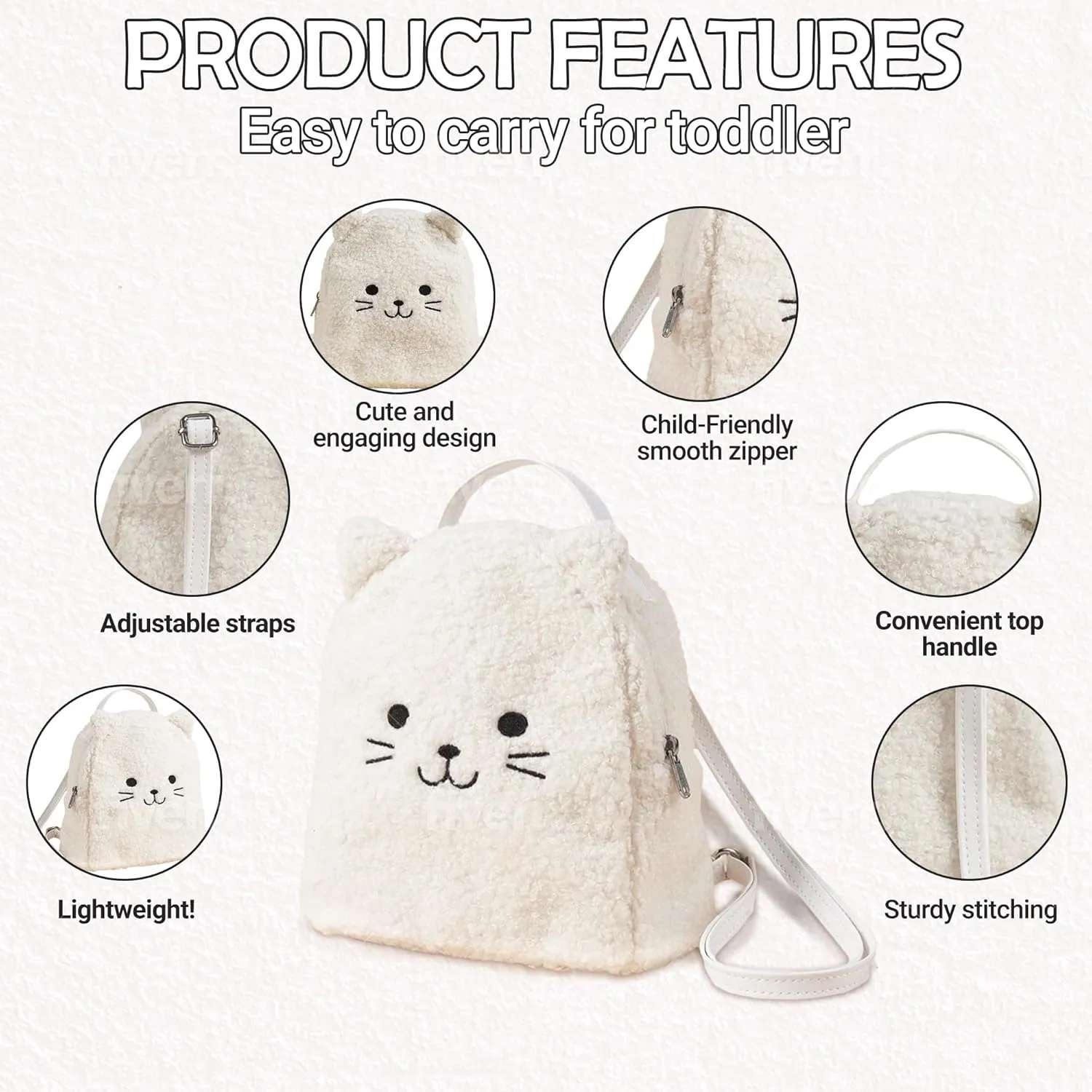 Kids Backpack Cat Mini Backpack for toddler Terry Kitten Kitty Sherpa Kitten with Fluffy Heart Keychain (white), S2210060
