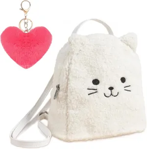 Kids Backpack Cat Mini Backpack for toddler Terry Kitten Kitty Sherpa Kitten with Fluffy Heart Keychain (white), S2210060