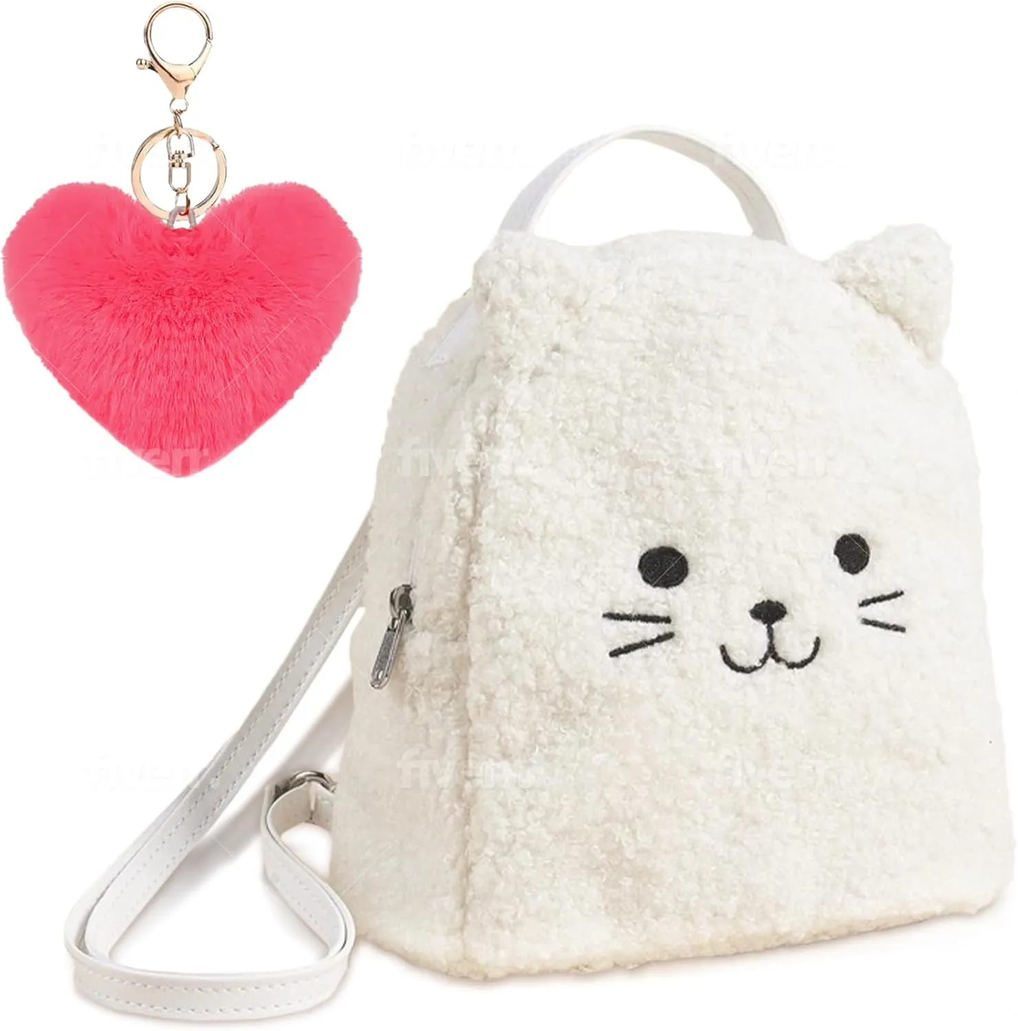 Kids Backpack Cat Mini Backpack for toddler Terry Kitten Kitty Sherpa Kitten with Fluffy Heart Keychain (white), S2210060