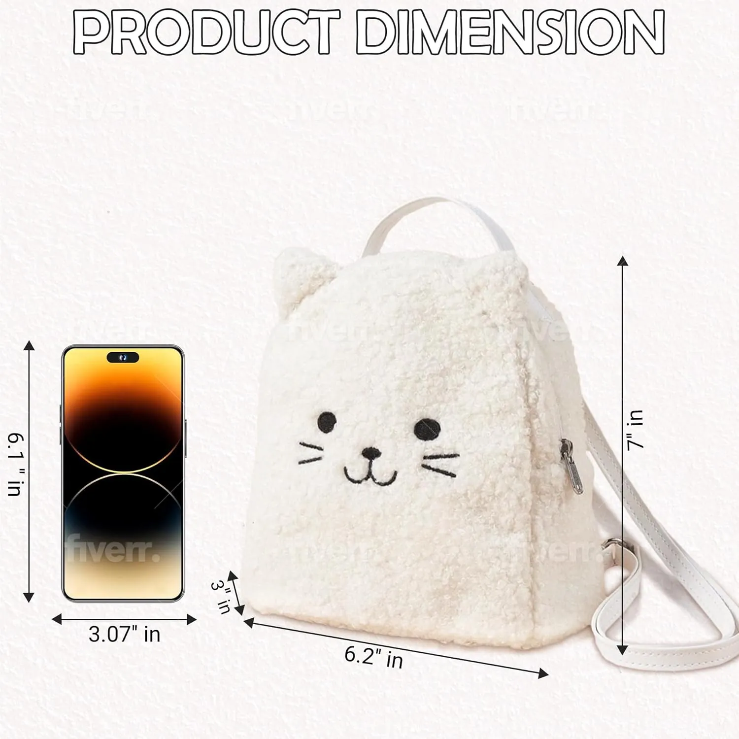 Kids Backpack Cat Mini Backpack for toddler Terry Kitten Kitty Sherpa Kitten with Fluffy Heart Keychain (white), S2210060