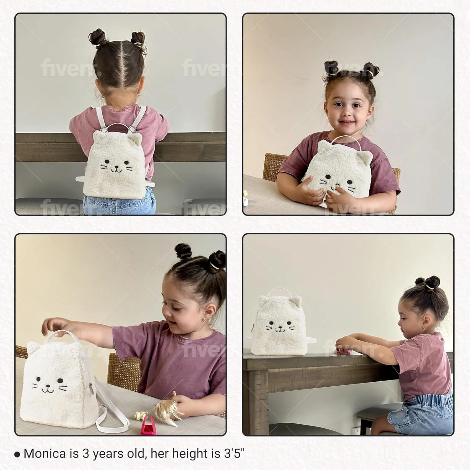 Kids Backpack Cat Mini Backpack for toddler Terry Kitten Kitty Sherpa Kitten with Fluffy Heart Keychain (white), S2210060