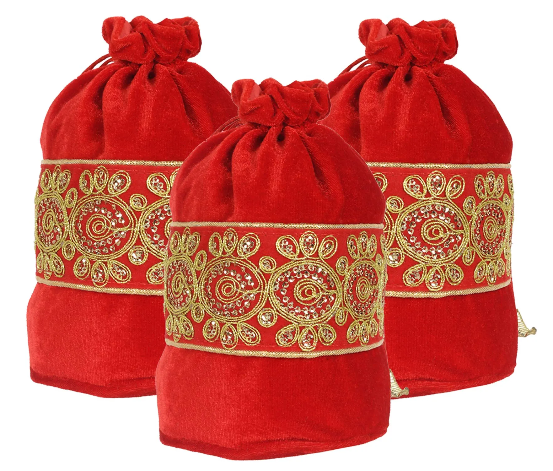 Kuber Industries Embroidered Design Drawstring Potli Bag Party Wedding Favor Gift Jewelry Bags-Pack of 3 (Red)